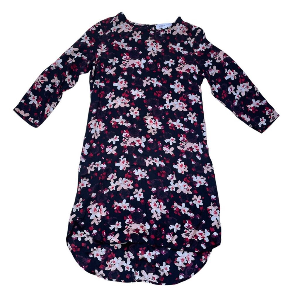 Amour Vert 100% Silk Floral Mini Shift Dress Black XS